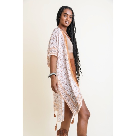 Camel Ditsy Floral Boho Bohemian Tassel Paisley Kimono Casual Wrap Top One Size - Picture 3 of 6